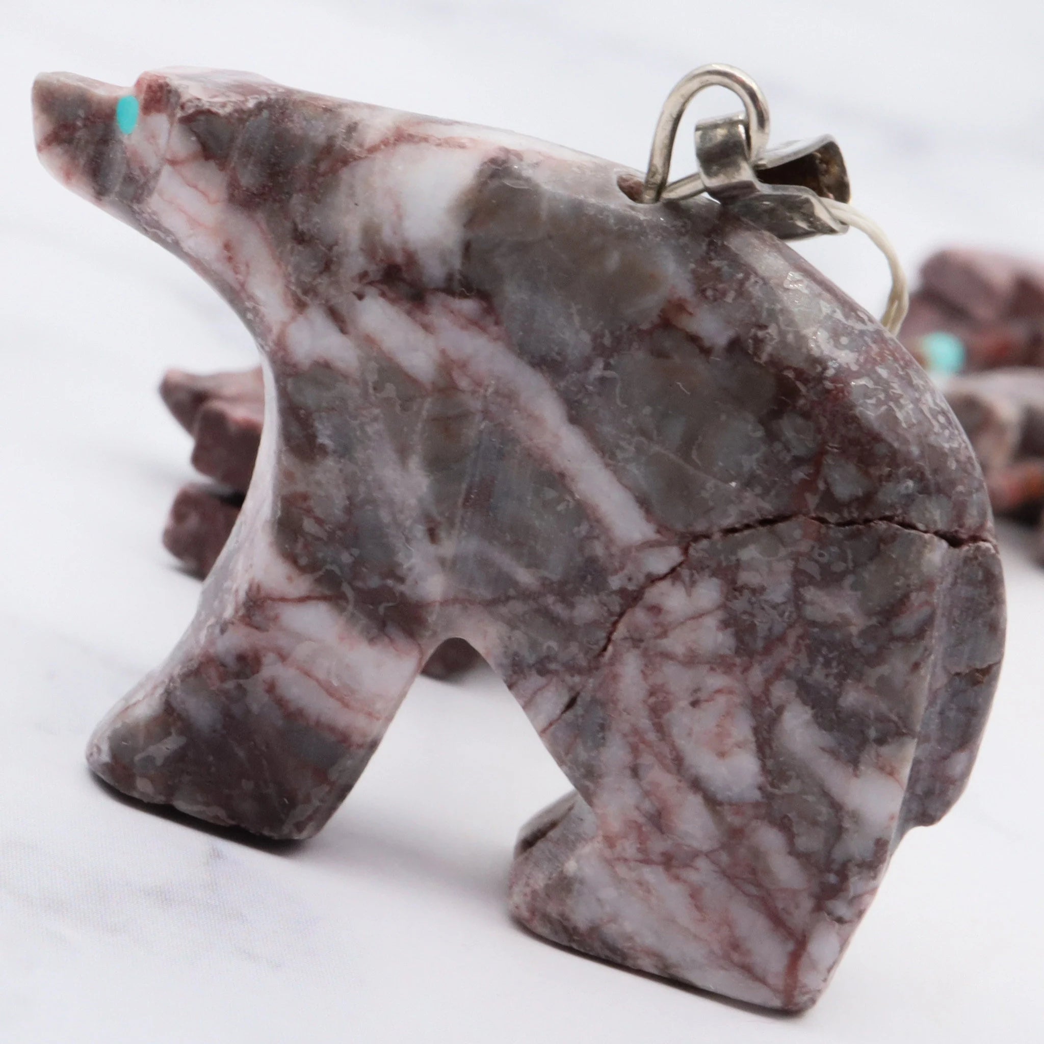Native American carved rhodonite bear fetish necklace w/ heishi and turquoise beads, 32"